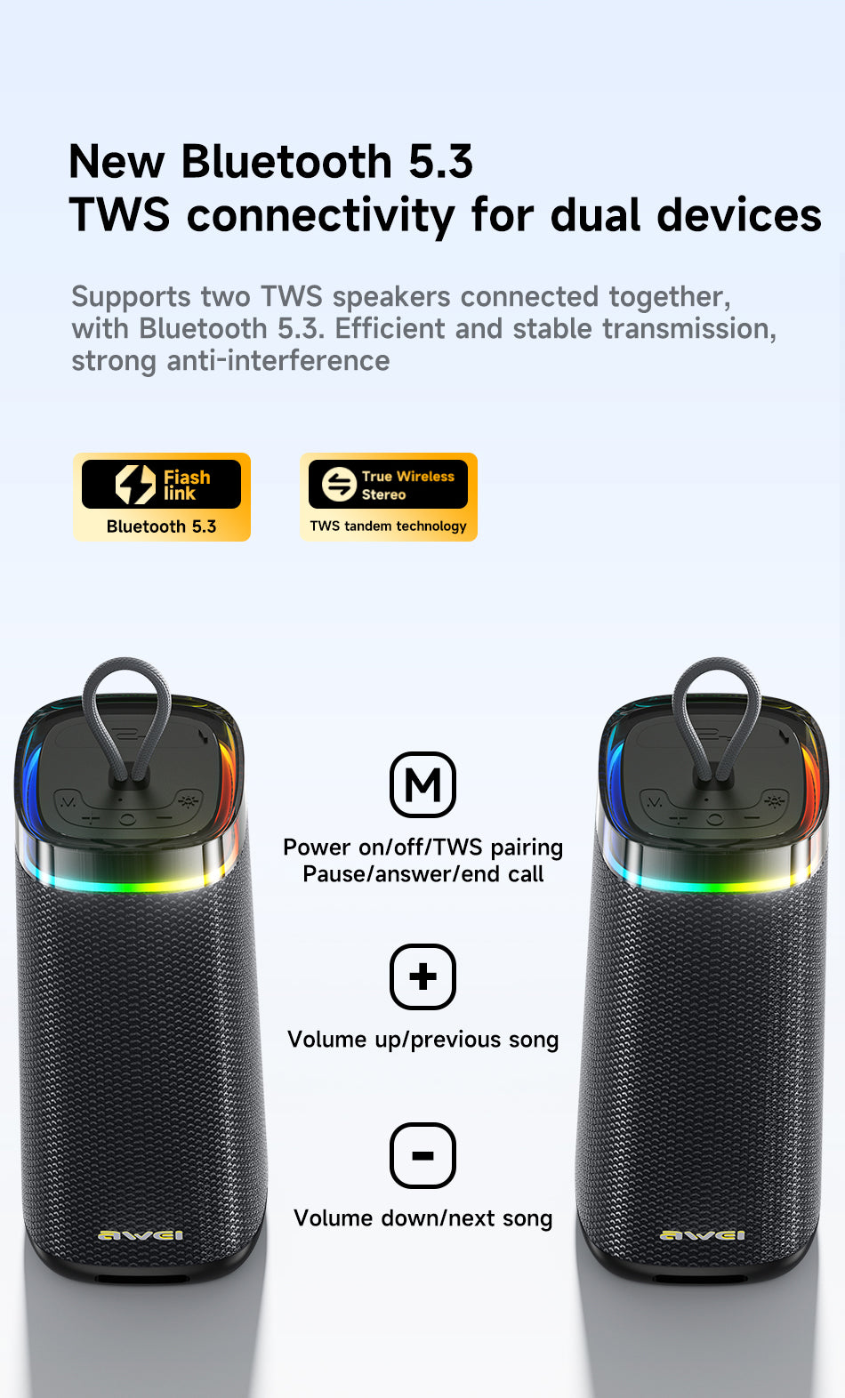 AWEI KA66 Bluetooth Speaker – Super Bass, RGB & TWS